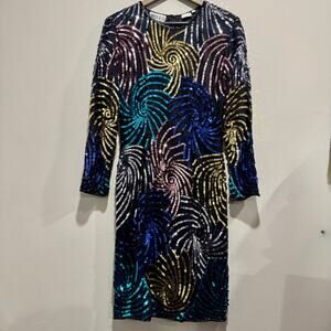 Vintage Multicolor Sequin Cocktail Dress 80s Disco Glam Size 10